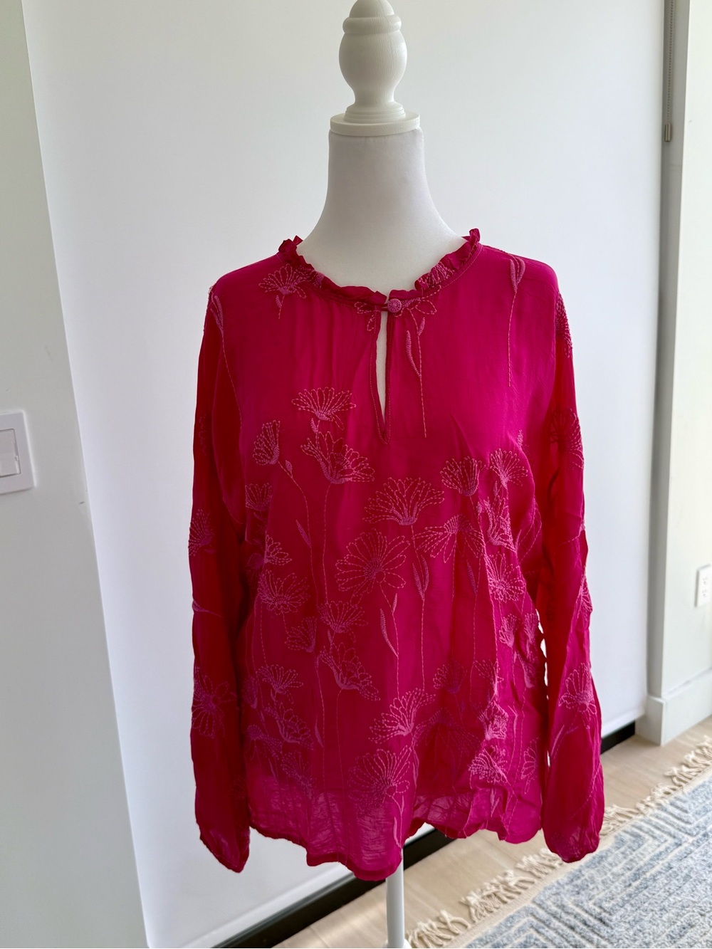 Johnny Was Hot Pink Floral Embroidered Long-Sleeve Blouse